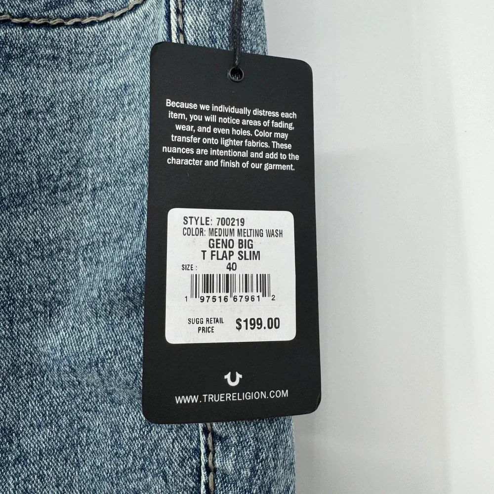 True Religion Geno Big‎ T Flap Slim Jeans Mens Size 40 Medium Melting Wash